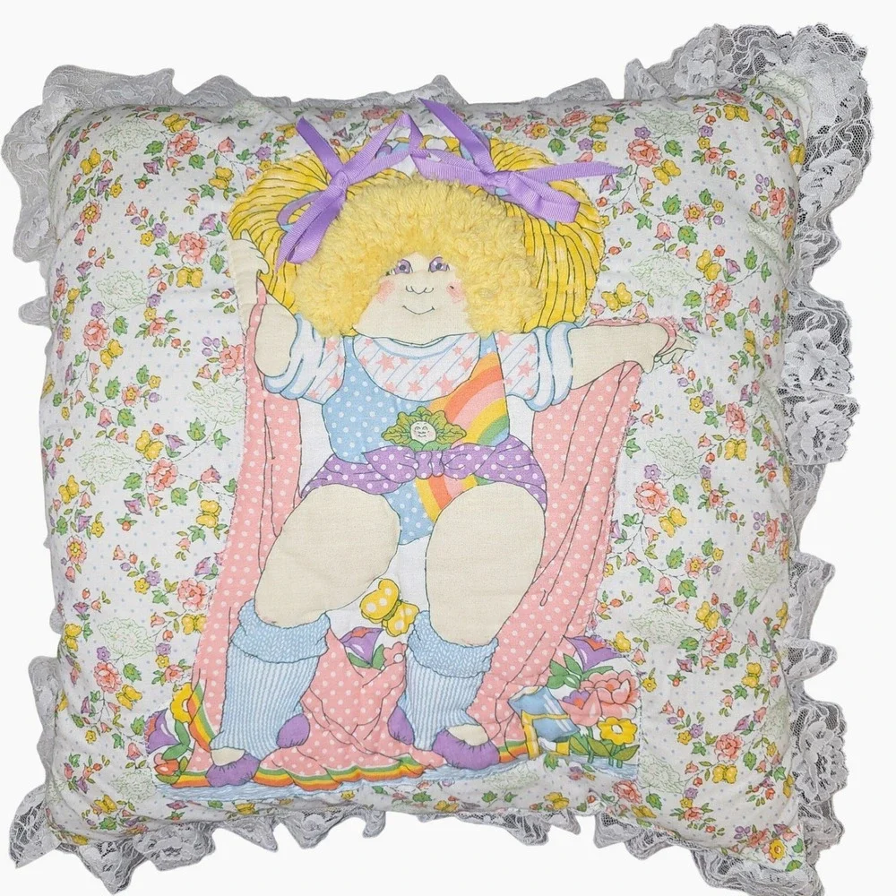 80s‎ Cabbage Patch Kids Lace Trim Throw Pillow Handmade Floral Rainbow Cottage
